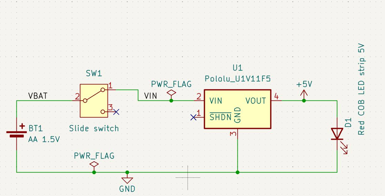 KiCad schematic: battery BT1 through slide switch SW1 into Pololu U1V11F5 VIN, with VOUT at +5V driving the red COB LED strip D1
